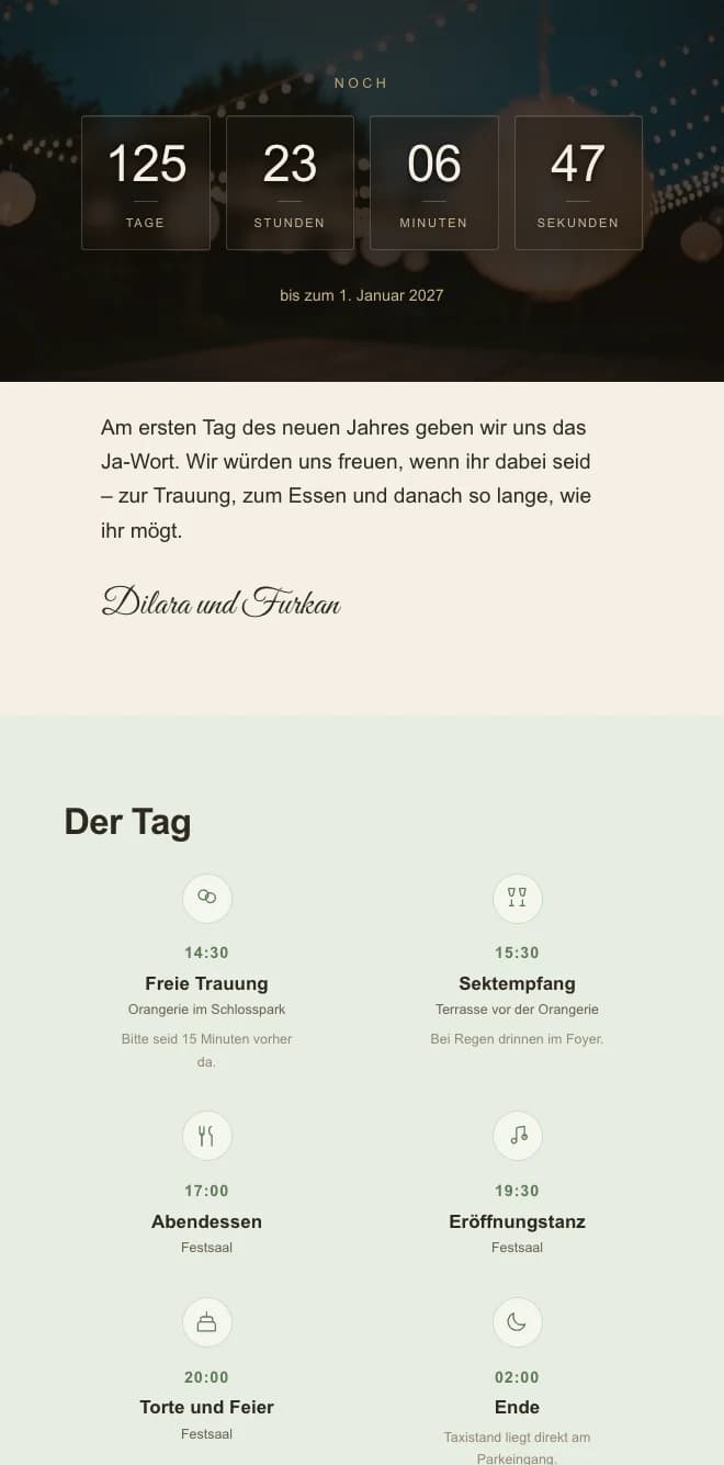 Countdown in der Einladung mit Tagen, Stunden, Minuten und Sekunden
